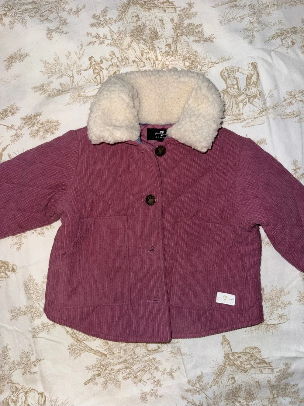 7 For All Mankind Pink Corduroy Puffer Jacket with Cream Sherpa Collar